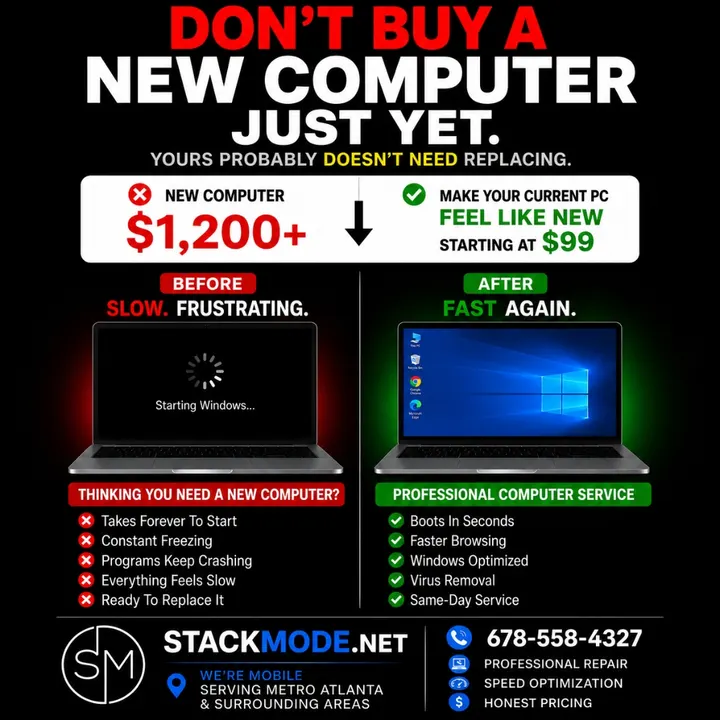 Stackmode ad creative: Don't buy a new computer — tune-ups from $99