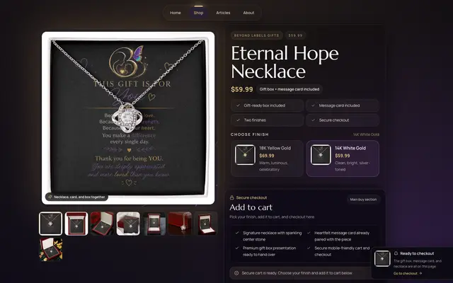 Beyond Labels Gifts jewelry & gifts website homepage, designed and built by CEO Turbo