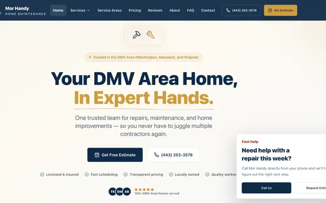 Mor Handy home repair & maintenance website homepage, designed and built by CEO Turbo