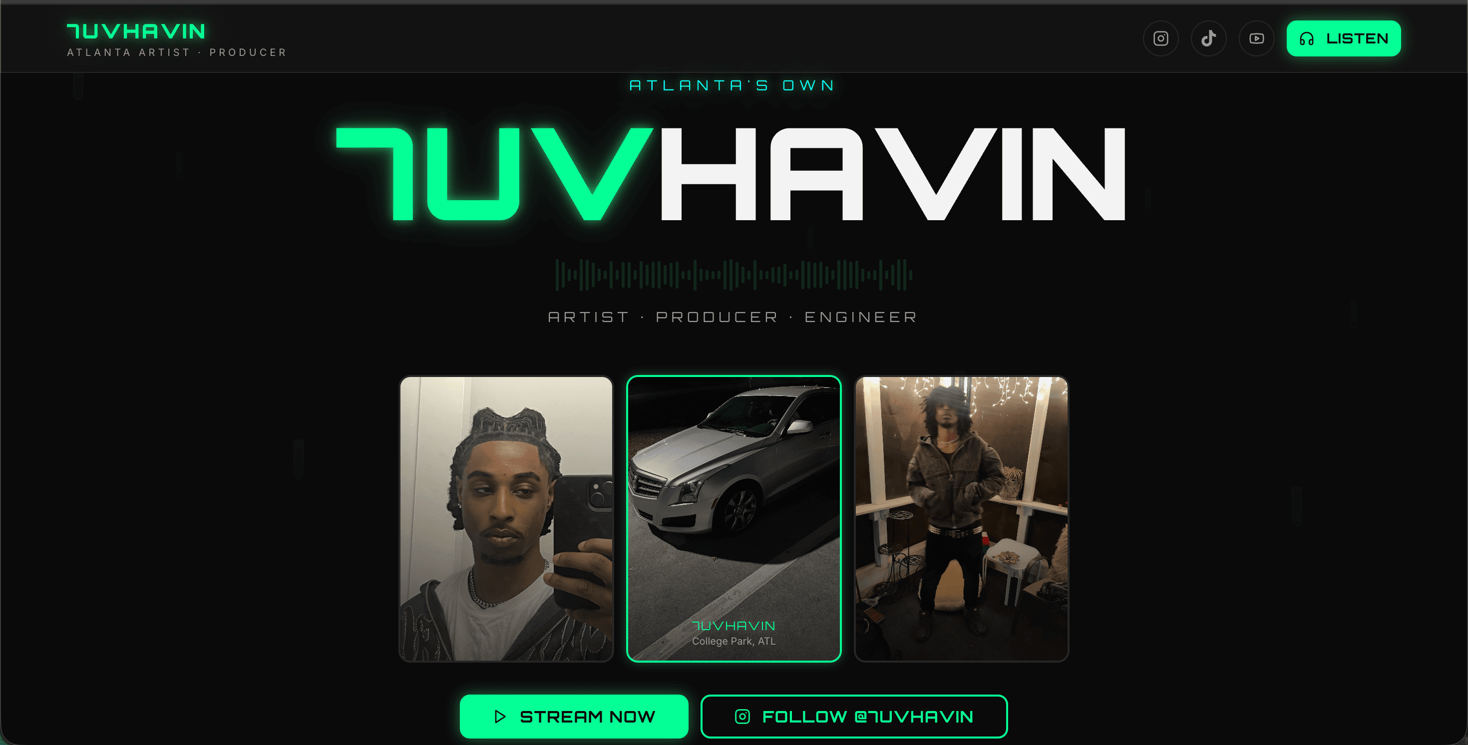 Dark artist website homepage with neon green identity and media previews