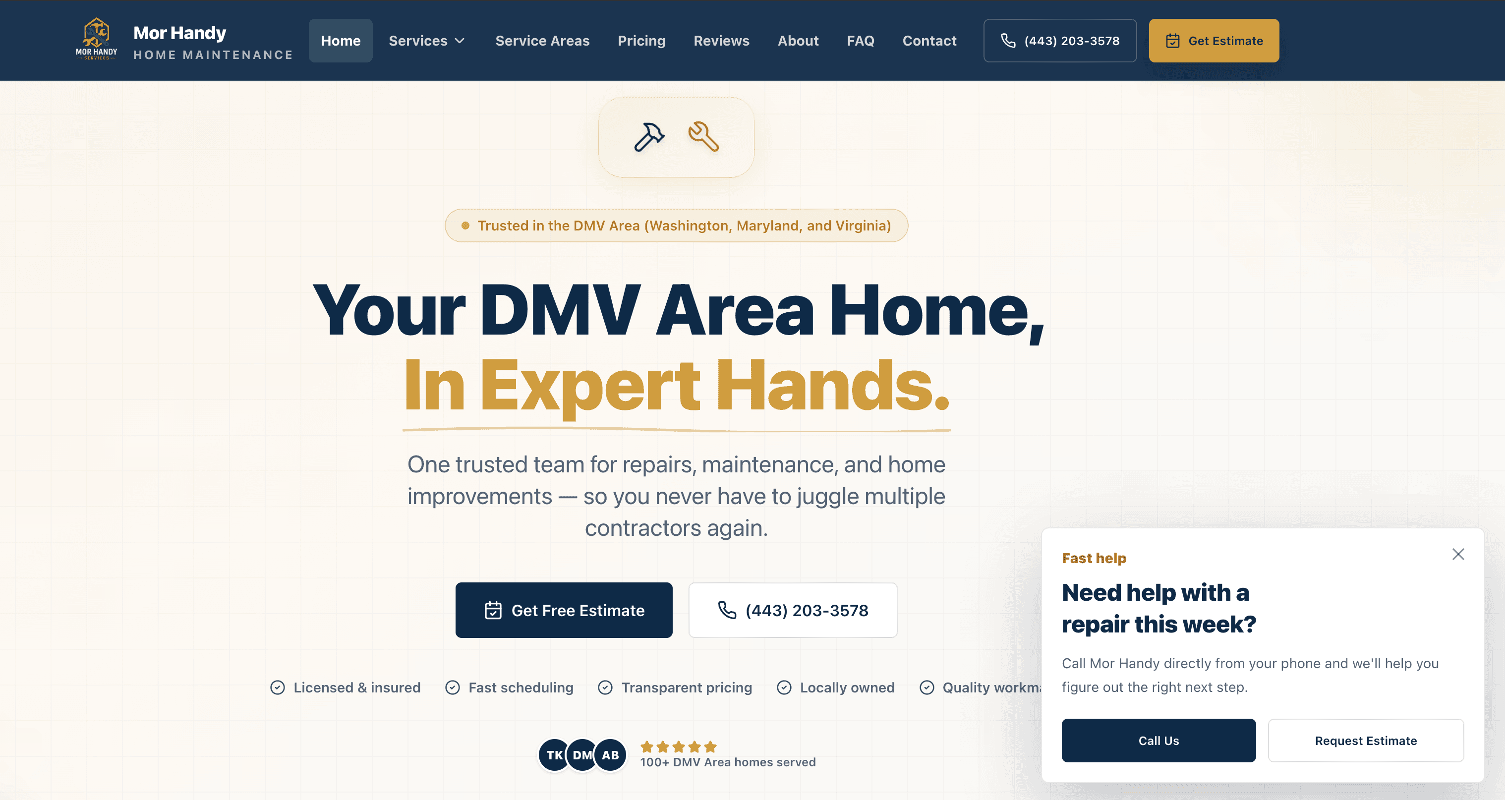 Home services website with direct estimate actions and review proof