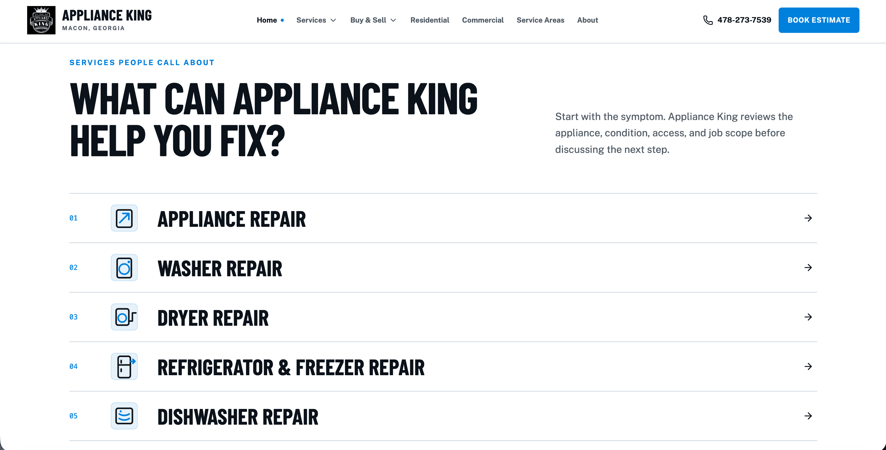 Appliance repair website with a clear service menu and estimate action