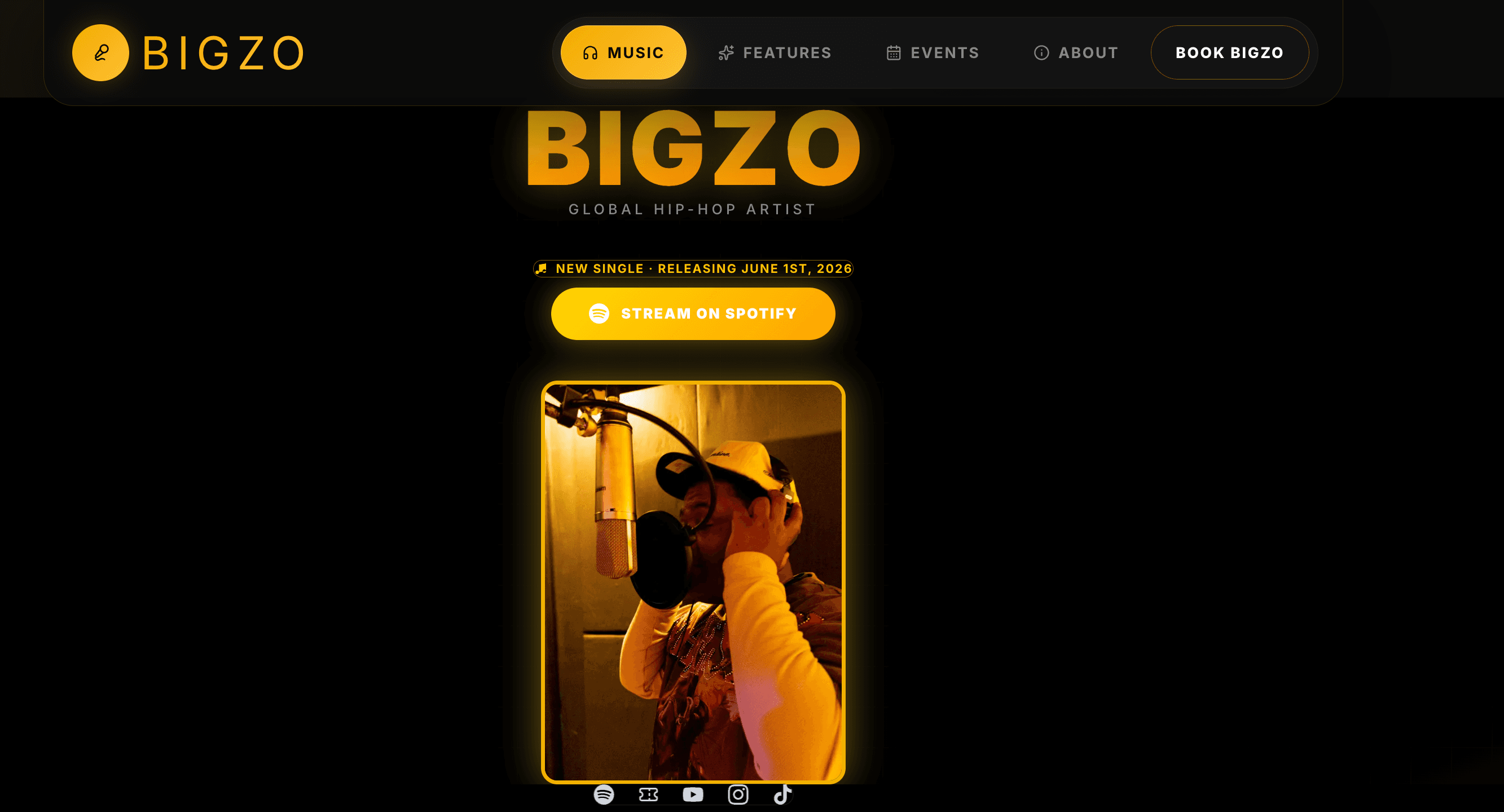 Music artist website with black and gold branding and booking action