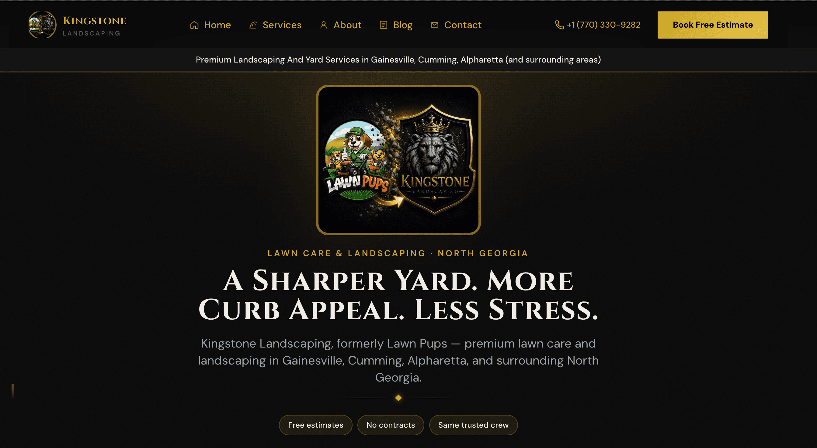 Premium landscaping website with dark green and gold brand direction