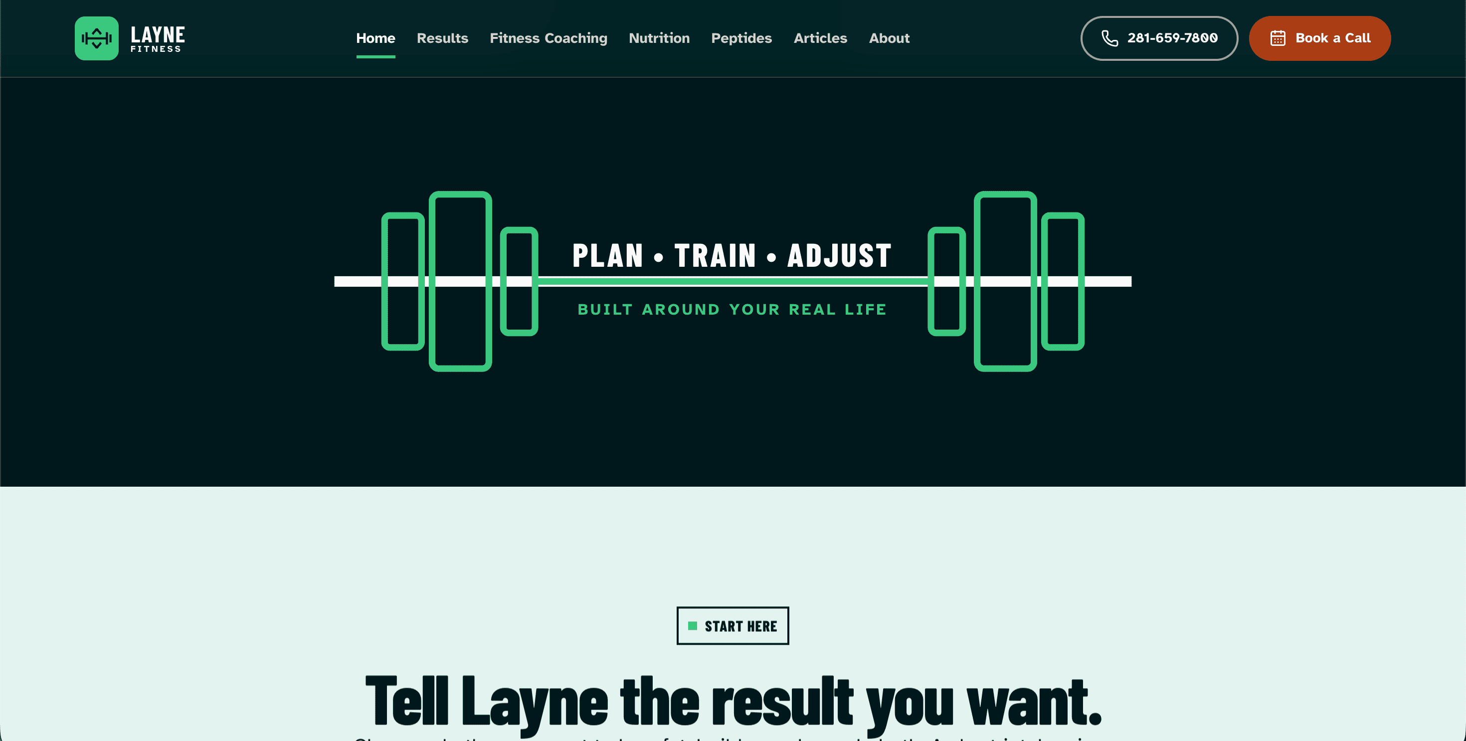 Fitness coaching website with a blue and green identity and visible booking action