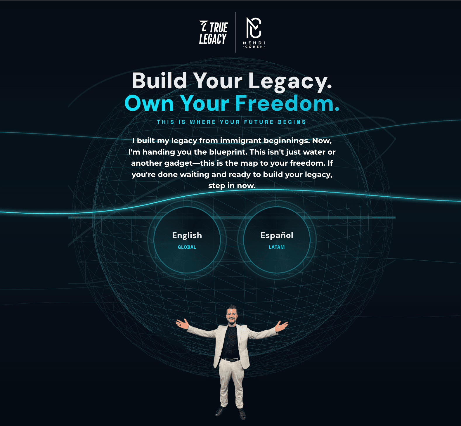 Bilingual personal brand website with dark blue international layout