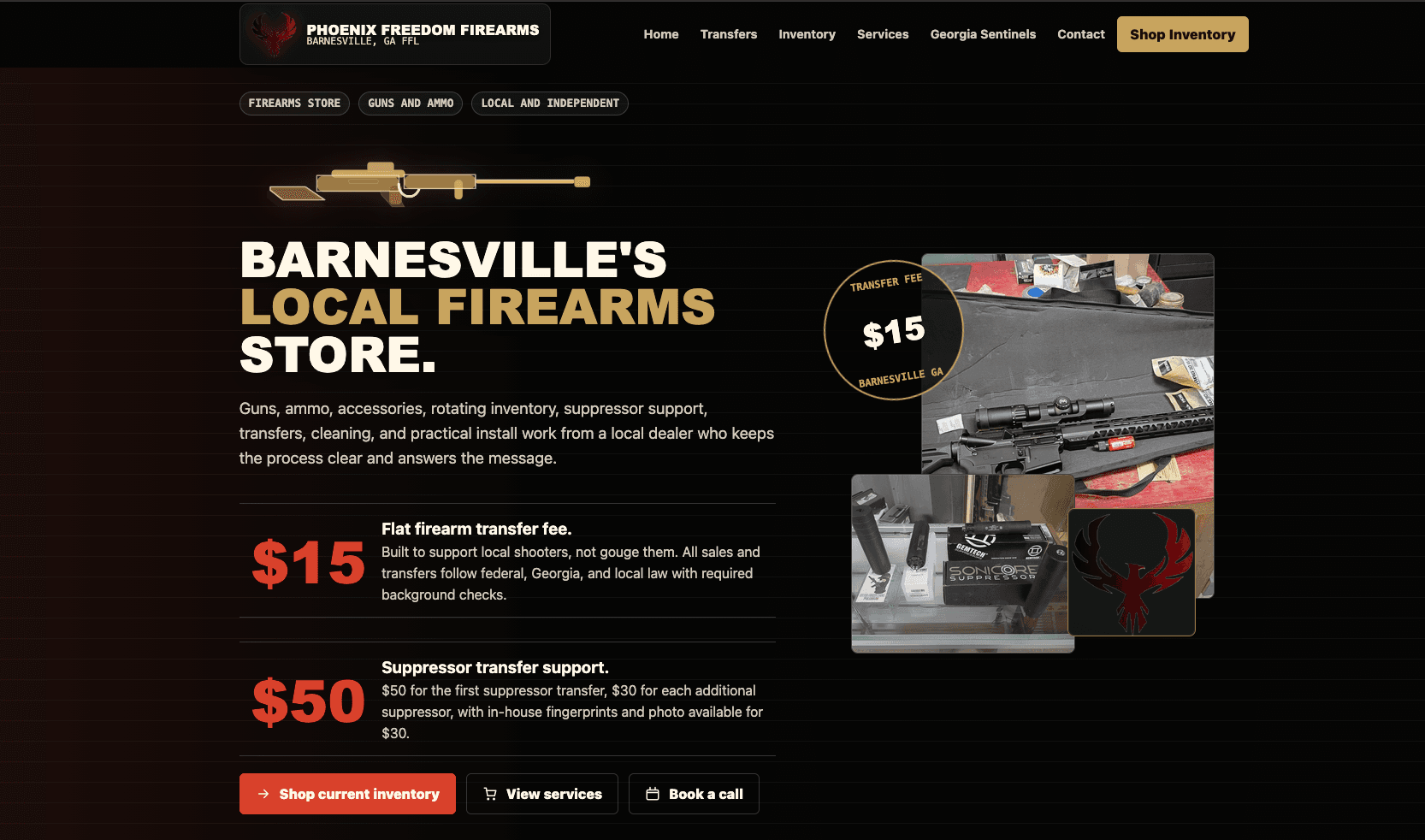 Firearms service website with dark product photography and visible pricing