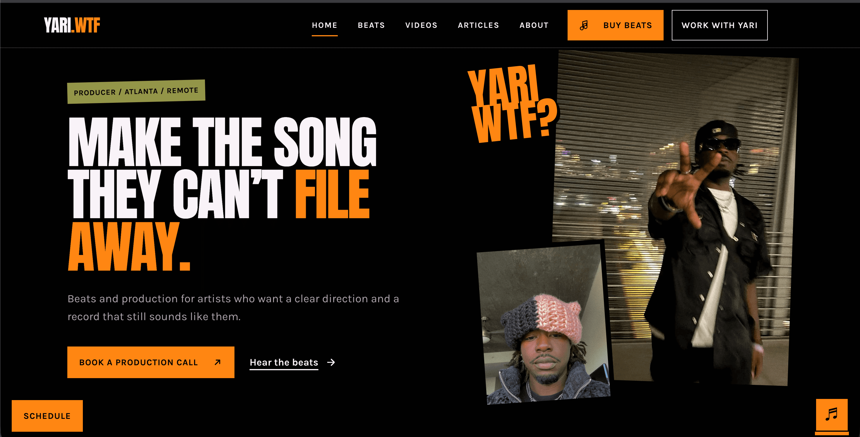Orange and black music production website with portrait media