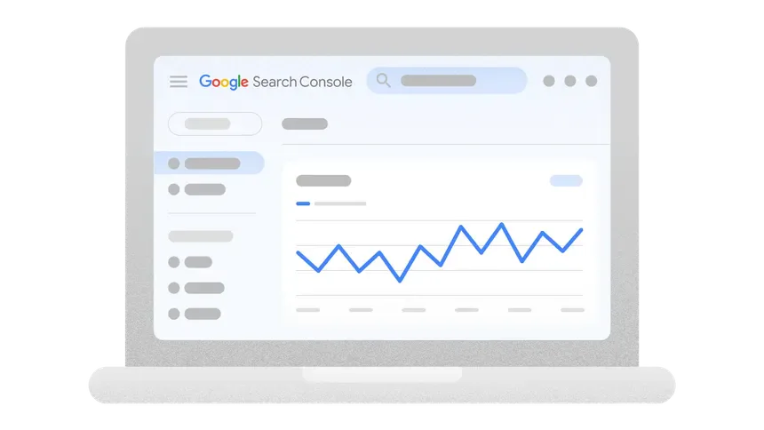 Laptop displaying an illustrated Google Search Console performance report
