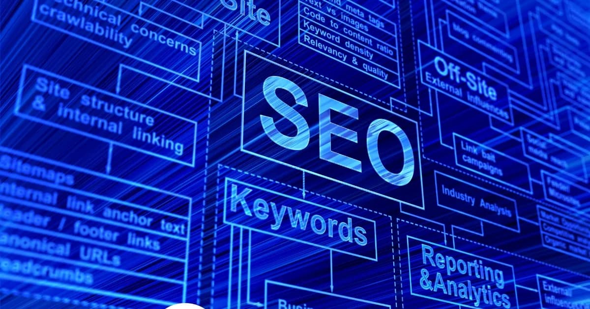 Blue technical SEO diagram showing keywords, internal linking, crawlability, reporting, and site structure