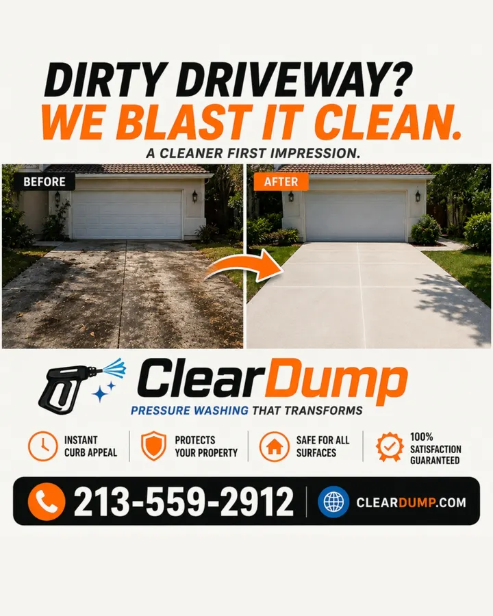 ClearDump ad creative: Dirty driveway? We blast it clean