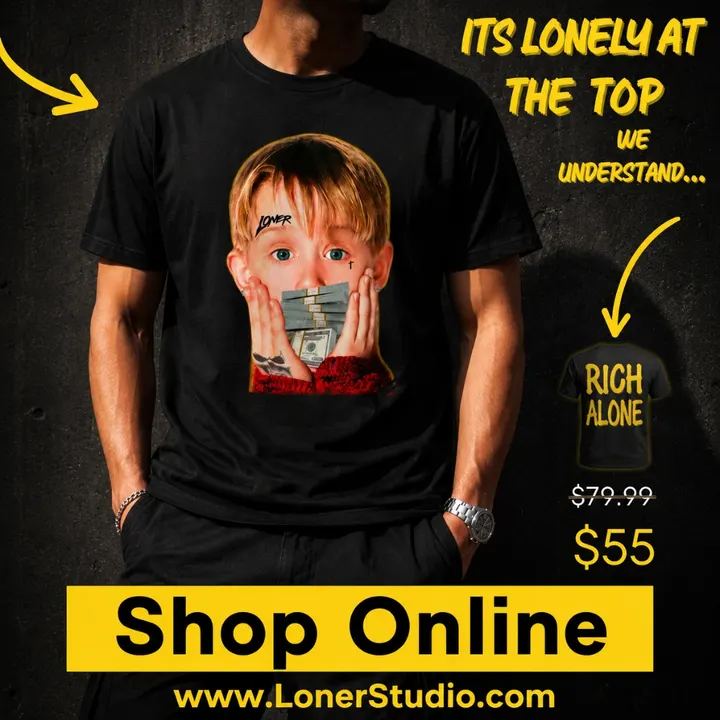 Loner Studio ad creative: It's lonely at the top — $55 tee drop