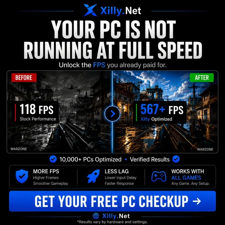 Xilly.net ad creative: 118 FPS to 567 FPS — free PC checkup