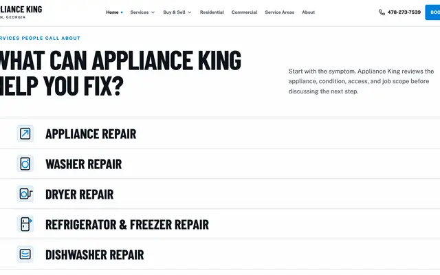 Appliance King appliance repair website homepage, designed and built by CEO Turbo
