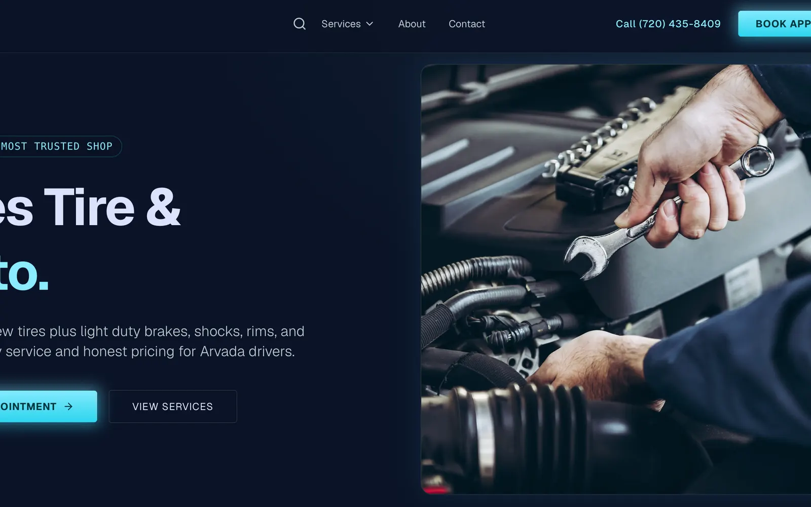 Ares Tire & Auto tires & auto repair website homepage, designed and built by CEO Turbo