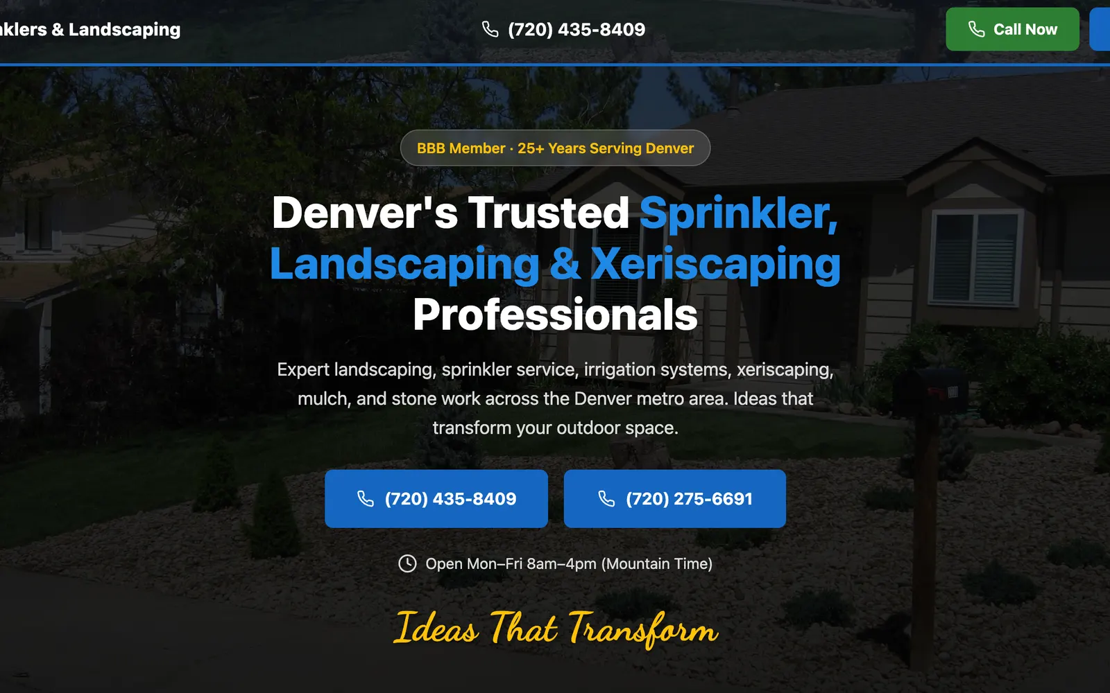 BAM Sprinklers & Landscaping sprinklers, irrigation & xeriscaping website homepage, designed and built by CEO Turbo