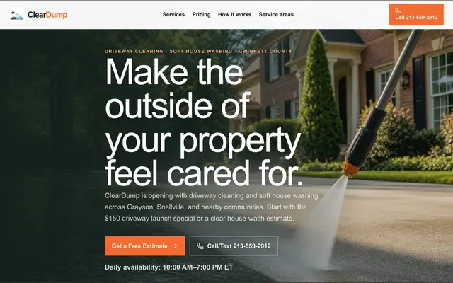 ClearDump pressure washing website homepage, designed and built by CEO Turbo