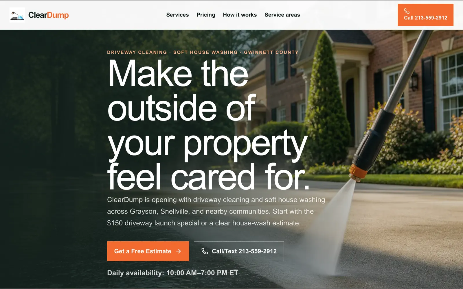 ClearDump pressure washing website homepage, designed and built by CEO Turbo