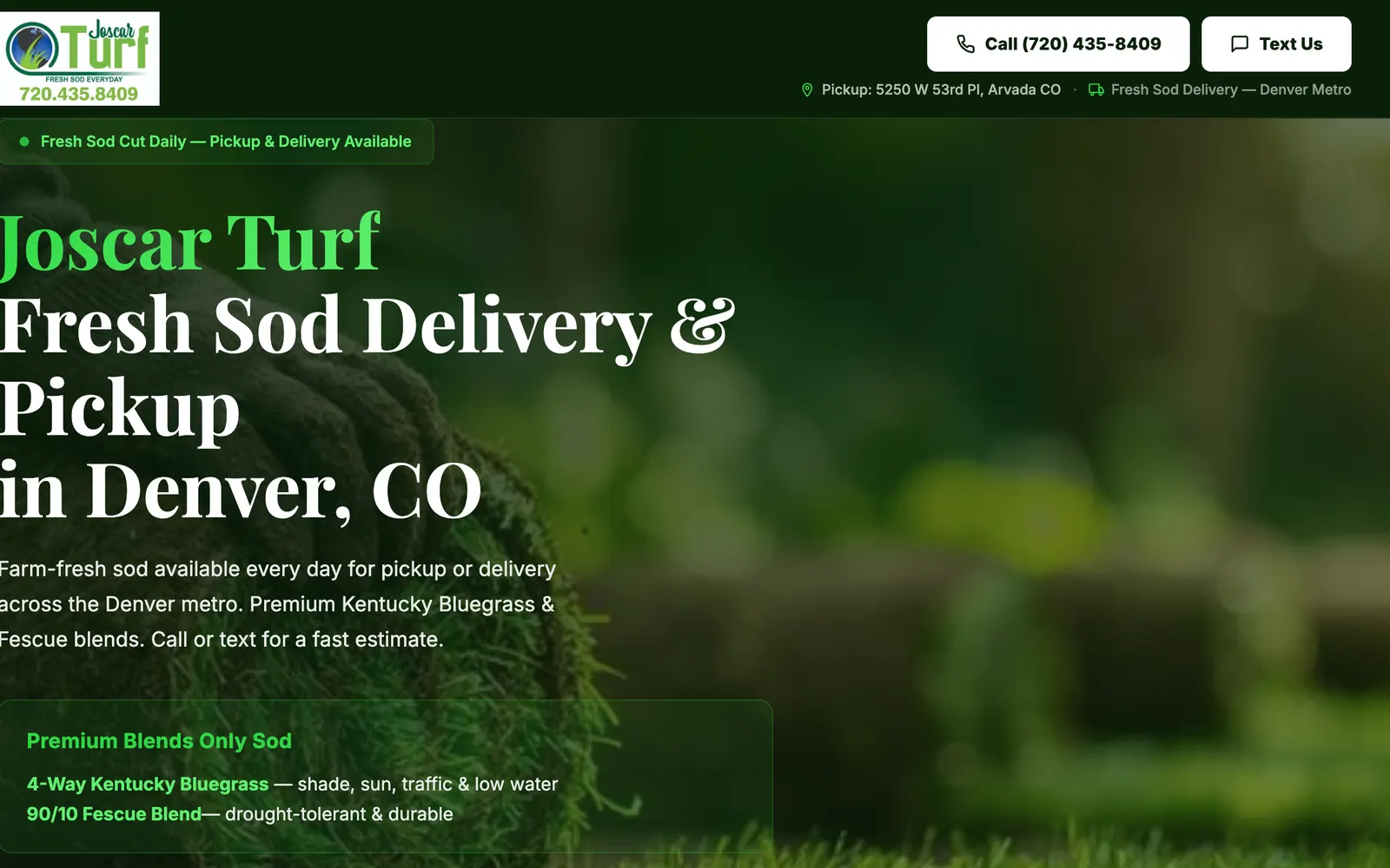 Joscar Turf sod delivery & pickup website homepage, designed and built by CEO Turbo