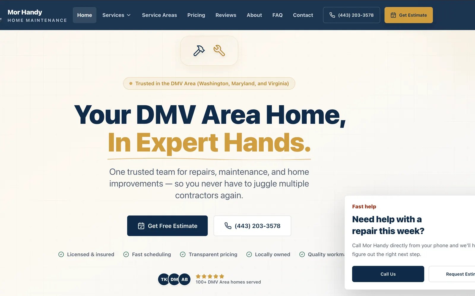 Mor Handy home repair & maintenance website homepage, designed and built by CEO Turbo
