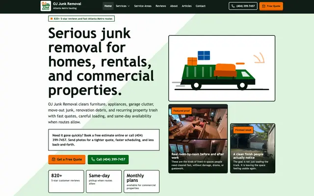 OJ Junk Removal junk removal website homepage, designed and built by CEO Turbo