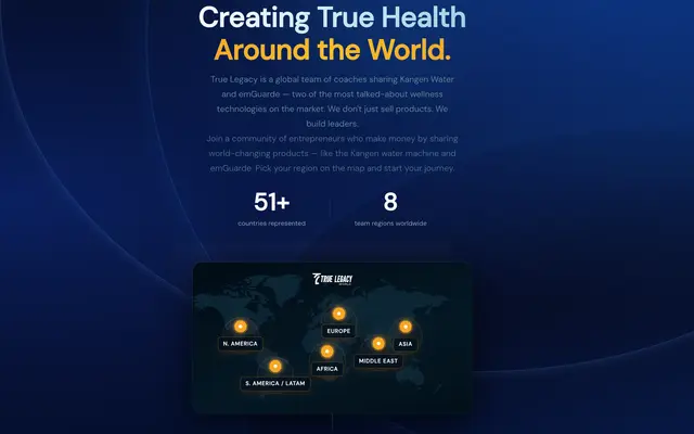 True Legacy global wellness business network website homepage, designed and built by CEO Turbo