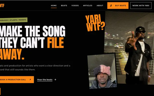YARI music producer website homepage, designed and built by CEO Turbo